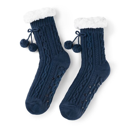 Calcetines Invernales Térmicos Pantuflas de Borrega para Invierno con Antiderrapante 1 Par Azul con Pompones REAL TEXTIL.