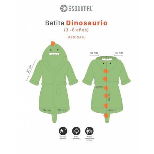 Bata De Baño Para Niños De 3 A 6 Años Dinosaurio ESQUIMAL.
