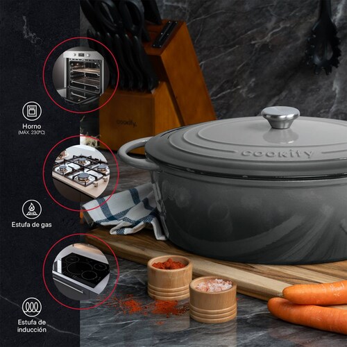 Horno Holandés Olla De Hierro Fundido Con Esmaltado 7 Lts Gris Cookify.