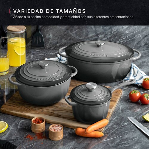 Horno Holandés Olla De Hierro Fundido Con Esmaltado 7 Lts Gris Cookify.