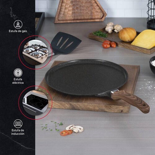 Sartén Crepera Comal de Mármol Con Antiadherente 28 cm Negro Cookify.