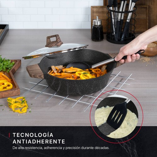 Cacerola Arrocera Antiadherente Con Tapa 28 cm Mármol Negro Cookify.