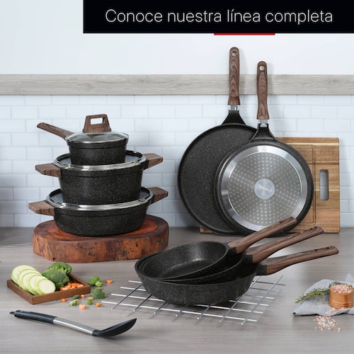 Cacerola Arrocera Antiadherente Con Tapa 28 cm Mármol Negro Cookify.