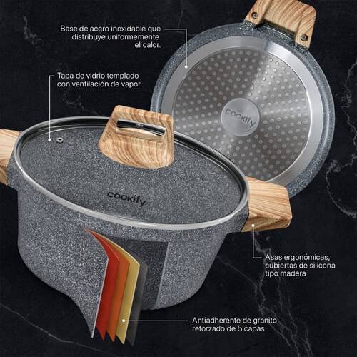 Olla Cacerola Antiadherente Con Tapa 24 cm Mármol Gris Cookify.