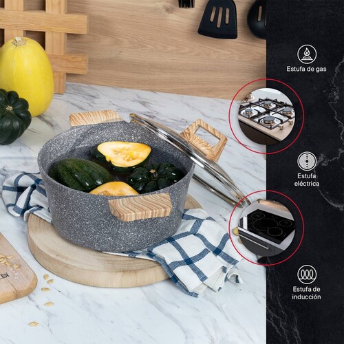 Olla Cacerola Antiadherente Con Tapa 24 cm Mármol Gris Cookify.