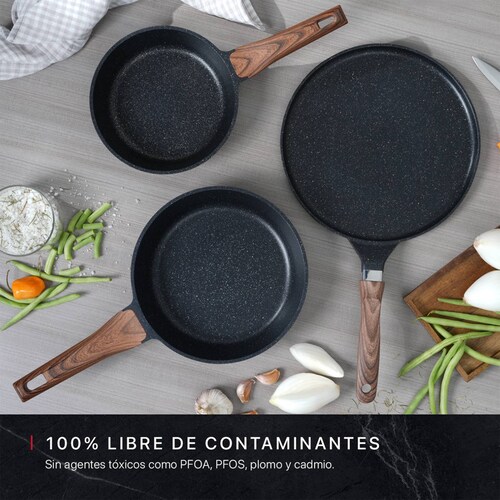 Juego Set 3 Sartenes De Mármol Con Antiadherente 20 - 24 - 28 cm Negro Cookify.