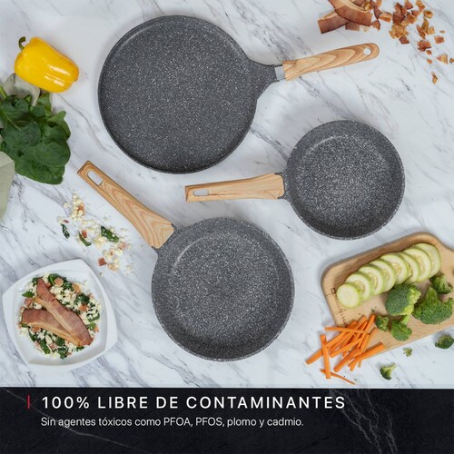 Juego Set 3 Sartenes De Mármol Con Antiadherente 20 - 24 - 28 cm Gris Cookify.