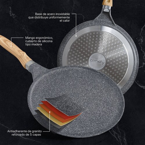 Juego Set 3 Sartenes De Mármol Con Antiadherente 20 - 24 - 28 cm Gris Cookify.