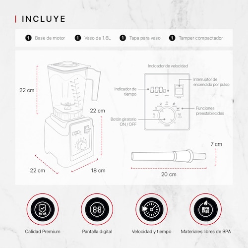 Licuadora Profesional Para Uso Rudo Digital De 1.6 L + Tamper Cookify.