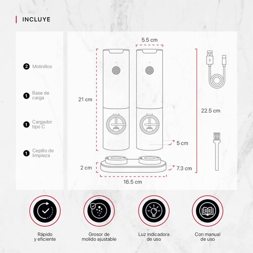 Set Molinillo Eléctrico de Sal y Pimienta Recargable Molino para Especias Cookify.