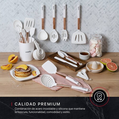 Set 24 pzas Utensilios de Cocina con Silicona y Acero Inoxidable Blanco / Oro Rosa Cookify.