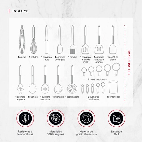 Set 24 pzas Utensilios de Cocina con Silicona y Acero Inoxidable Blanco / Oro Rosa Cookify.