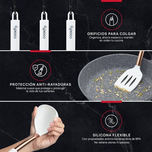 Set 24 pzas Utensilios de Cocina con Silicona y Acero Inoxidable Blanco / Oro Rosa Cookify.