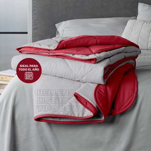 Edredón Colcha Ligero de Doble Vista Matrimonial Gris Claro - Rojo Real Textil