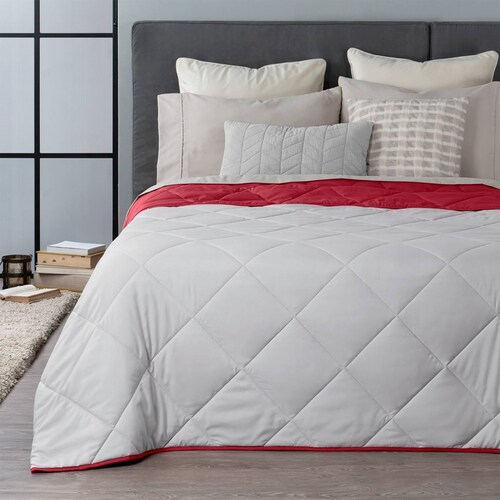 Edredón Colcha Ligero de Doble Vista Queen Size Gris Claro - Rojo Real Textil