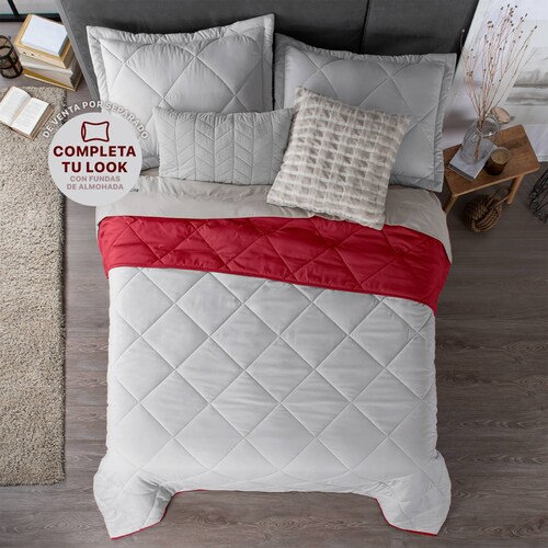 Edredón Colcha Ligero de Doble Vista Queen Size Gris Claro - Rojo Real Textil