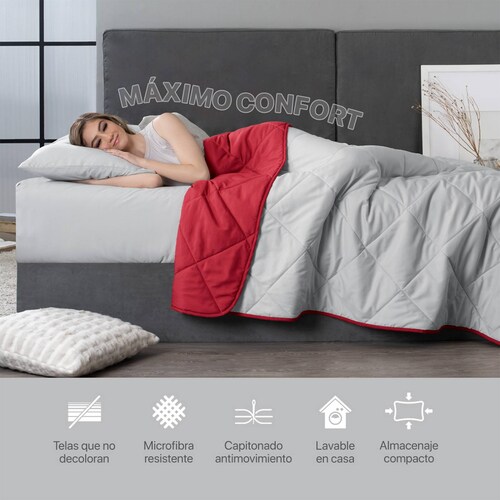 Edredón Colcha Ligero de Doble Vista Queen Size Gris Claro - Rojo Real Textil