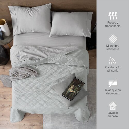 Edredón Económico Colcha Ligera Fresco Individual de 1 Pieza Gris Claro Real Textil.