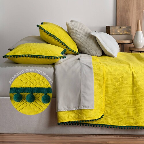 Edredón Ligero con Pompones Matrimonial y Fundas de Almohada Limon Verde REAL TEXTIL.