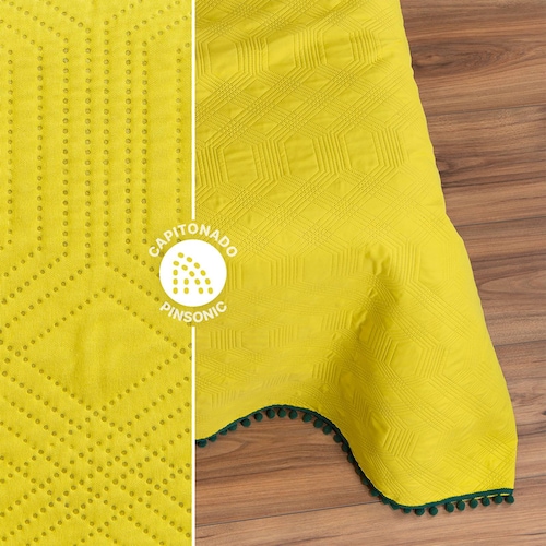 Edredón Ligero con Pompones Matrimonial y Fundas de Almohada Limon Verde REAL TEXTIL.