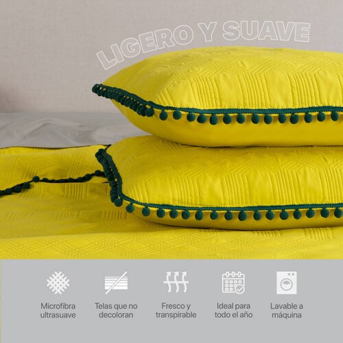 Edredón Ligero con Pompones Matrimonial y Fundas de Almohada Limon Verde REAL TEXTIL.
