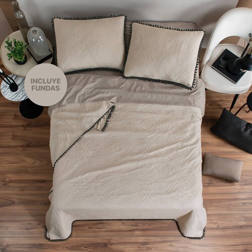 Edredón Ligero con Pompones Matrimonial y Fundas de Almohada Beige Negro REAL TEXTIL.