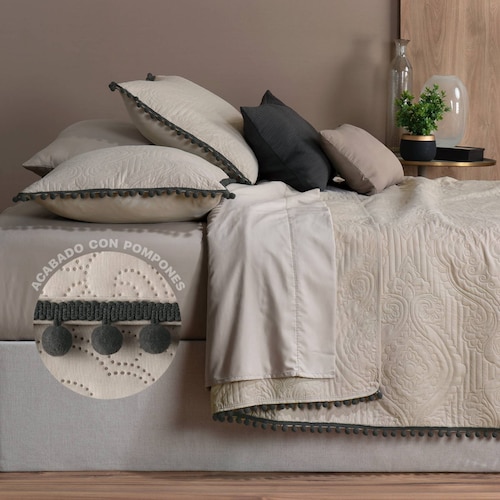 Edredón Ligero con Pompones Matrimonial y Fundas de Almohada Beige Negro REAL TEXTIL.