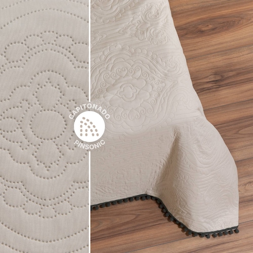 Edredón Ligero con Pompones Matrimonial y Fundas de Almohada Beige Negro REAL TEXTIL.