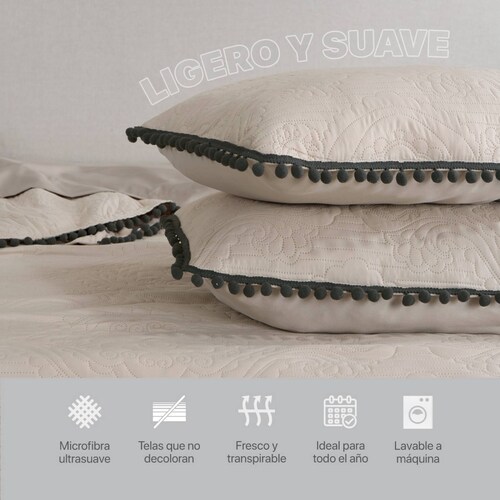 Edredón Ligero con Pompones Matrimonial y Fundas de Almohada Beige Negro REAL TEXTIL.