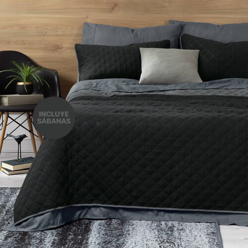Set Edredón Ligero Queen Size con Fundas y Sabanas Negro - Gris REAL TEXTIL.