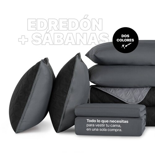 Set Edredón Ligero Queen Size con Fundas y Sabanas Negro - Gris REAL TEXTIL.
