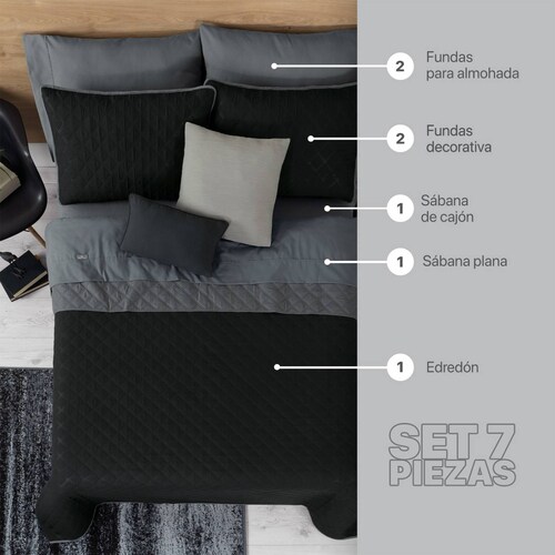 Set Edredón Ligero Queen Size con Fundas y Sabanas Negro - Gris REAL TEXTIL.