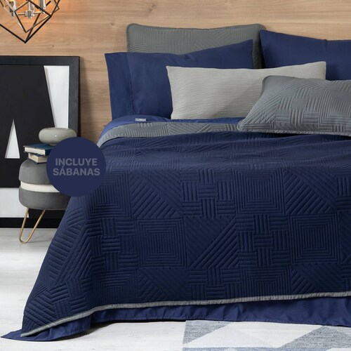 Set Edredón Ligero Individual con Fundas y Sabanas Azul Marino - Gris REAL TEXTIL.