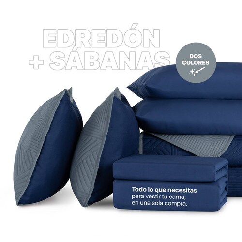 Set Edredón Ligero Individual con Fundas y Sabanas Azul Marino - Gris REAL TEXTIL.