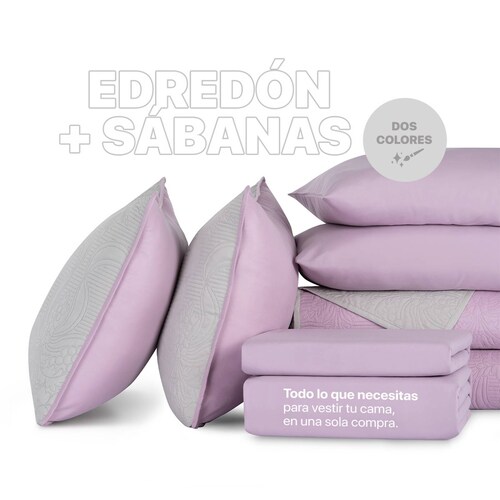 Set Edredón Ligero Individual con Fundas y Sabanas Violeta - Gris REAL TEXTIL.
