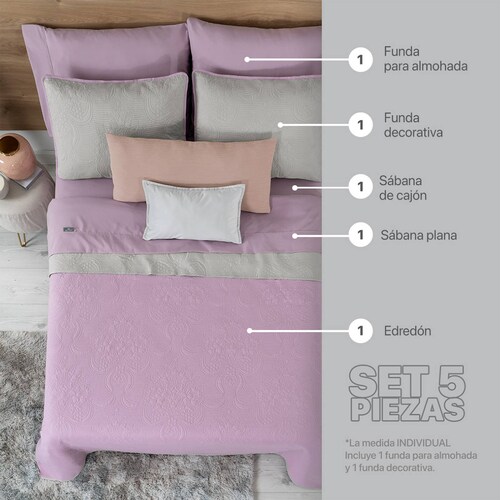 Set Edredón Ligero Individual con Fundas y Sabanas Violeta - Gris REAL TEXTIL.