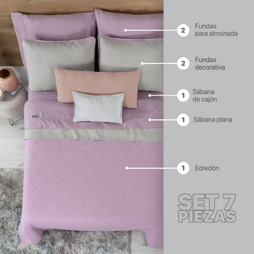 Set Edredón Ligero Matrimonial con Fundas y Sabanas Violeta - Gris REAL TEXTIL.