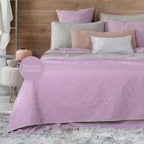 Set Edredón Ligero King Size con Fundas y Sabanas Violeta - Gris REAL TEXTIL.