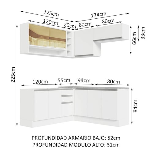 Mueble de Cocina Integral Esquinera 349cm Blanco Marrón Glamy Madesa 02