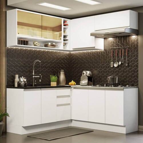 Mueble de Cocina Integral Esquinera 349cm Blanco Marrón Glamy Madesa 02