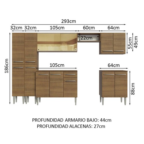 Mueble de Cocina Integral 293cm Marrón Emilly Madesa 05.
