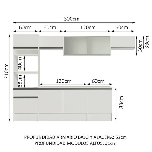 Mueble de Cocina Integral 300cm Blanco/Marrón Topazio Madesa 01.