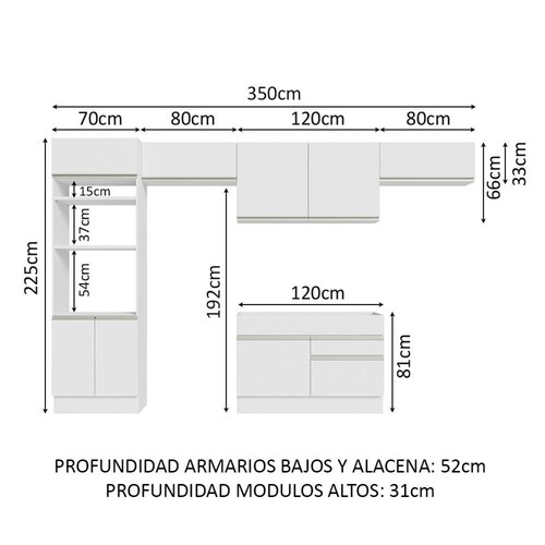 Mueble de Cocina Integral 350 cm Blanco/Marrón Glamy Madesa 01.