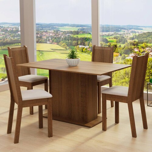 Juego de Comedor Madesa Luana Mesa con Tablero de Madera y 4 Sillas Marrón/Beige.