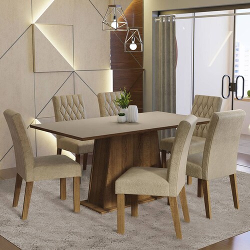 Juego de Comedor Madesa Britney Mesa con Tablero de Madera y 6 Sillas Marrón/Crema/Imperial