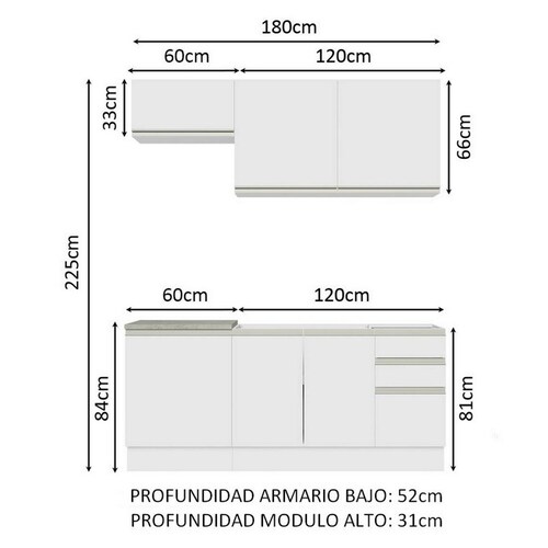 Mueble de Cocina Integral Madesa Glamy Con Mesón De Acero 180Cm