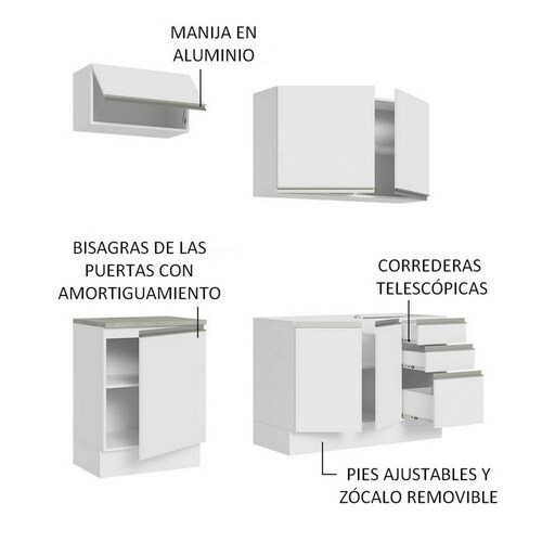 Mueble de Cocina Integral Madesa Glamy Con Mesón De Acero 180Cm