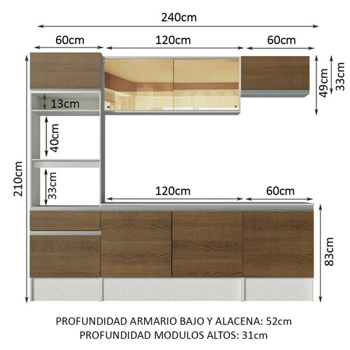 Cocina Integral Diamante Madesa 240cm Blanco/Marrón