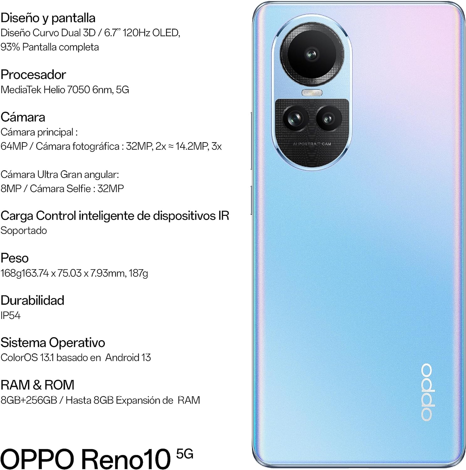 Celular Oppo Desbloqueado Reno10 256 GB Azul + Audífonos