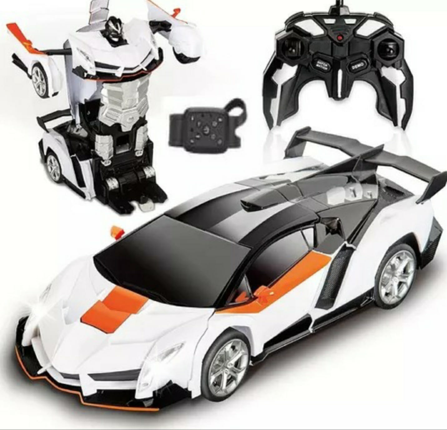 Carro Transformer Radio Control Con Sensor Robot Car Color Blanco Con Naranja.